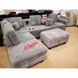 Corduroy sectional sofa with storage ottoman // Special Price