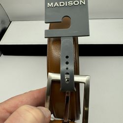 690-Madison Men's Brown Coated Leather Dress Belt 1.25 “ Whiskey Tan Sz L 38-40