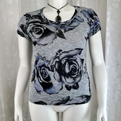 Philosophy Republic Floral Rose Print Semi Sheer Top Medium Gray Black Blue knit