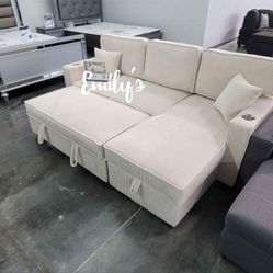 ✅️ No Tax ✅️ Beautiful 2-Pc Corduroy Sectional Sofa With Storage & Pullout Bed 