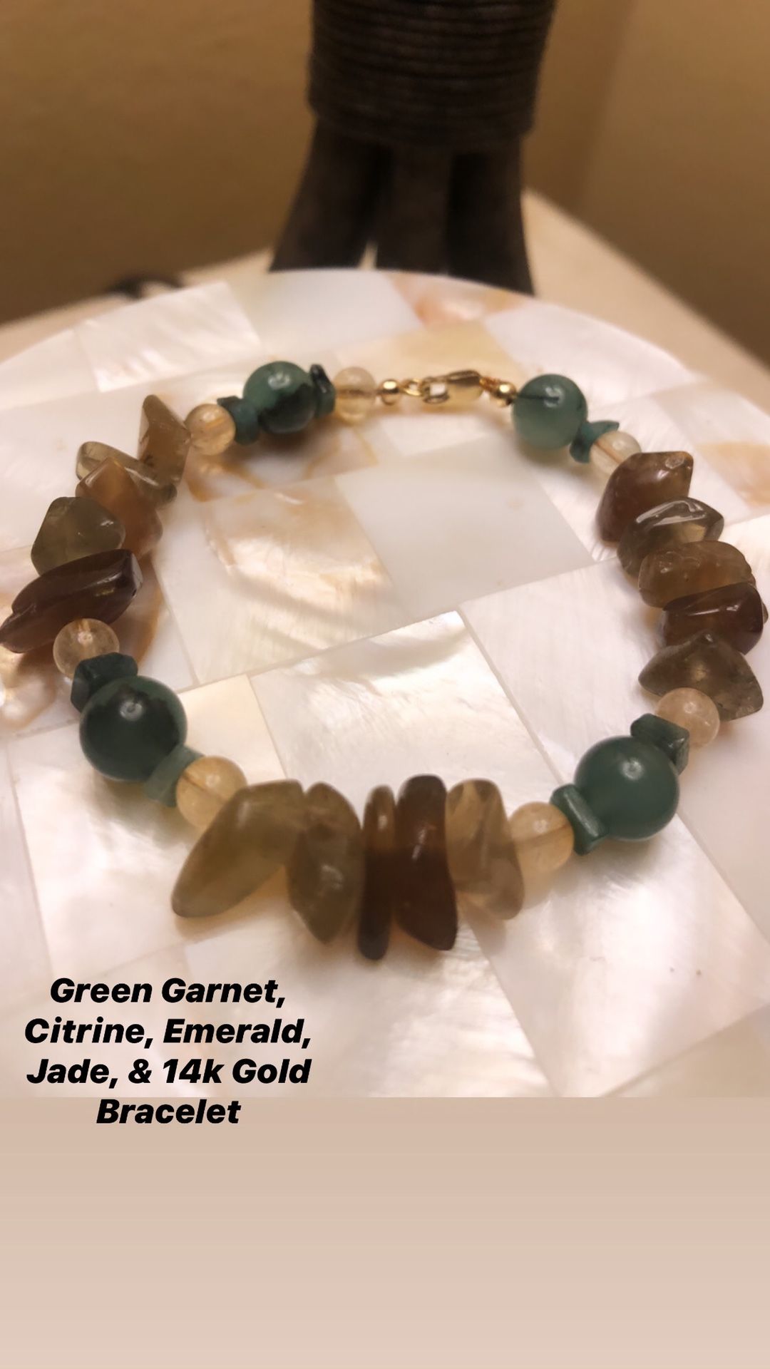 Green Garnet Citrine Emerald Jade & 14k Gold Bracelet