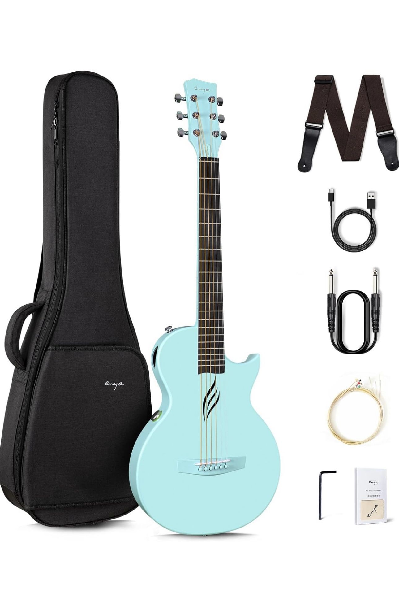 Enya NOVA Go SP1 Carbon Fiber Acoustic Electric Guitar with Smart AcousticPlus 35 Inch Travel Acustica Guitarra Starter Bundle Kit of Gig Bag, Strap