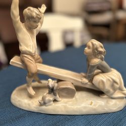 Lladro Little Girl And Boy On Seesaw With Puppy Retired Figurine