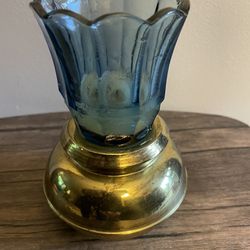 Vintage Votive Candle 🕯️ 🩵Holder Sea Blue Glass With Brass Base 
