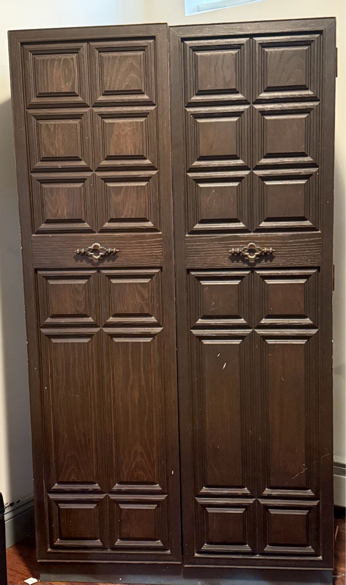 Vintage Faux Wood Metal Wardrobe Cabinet with Mirror