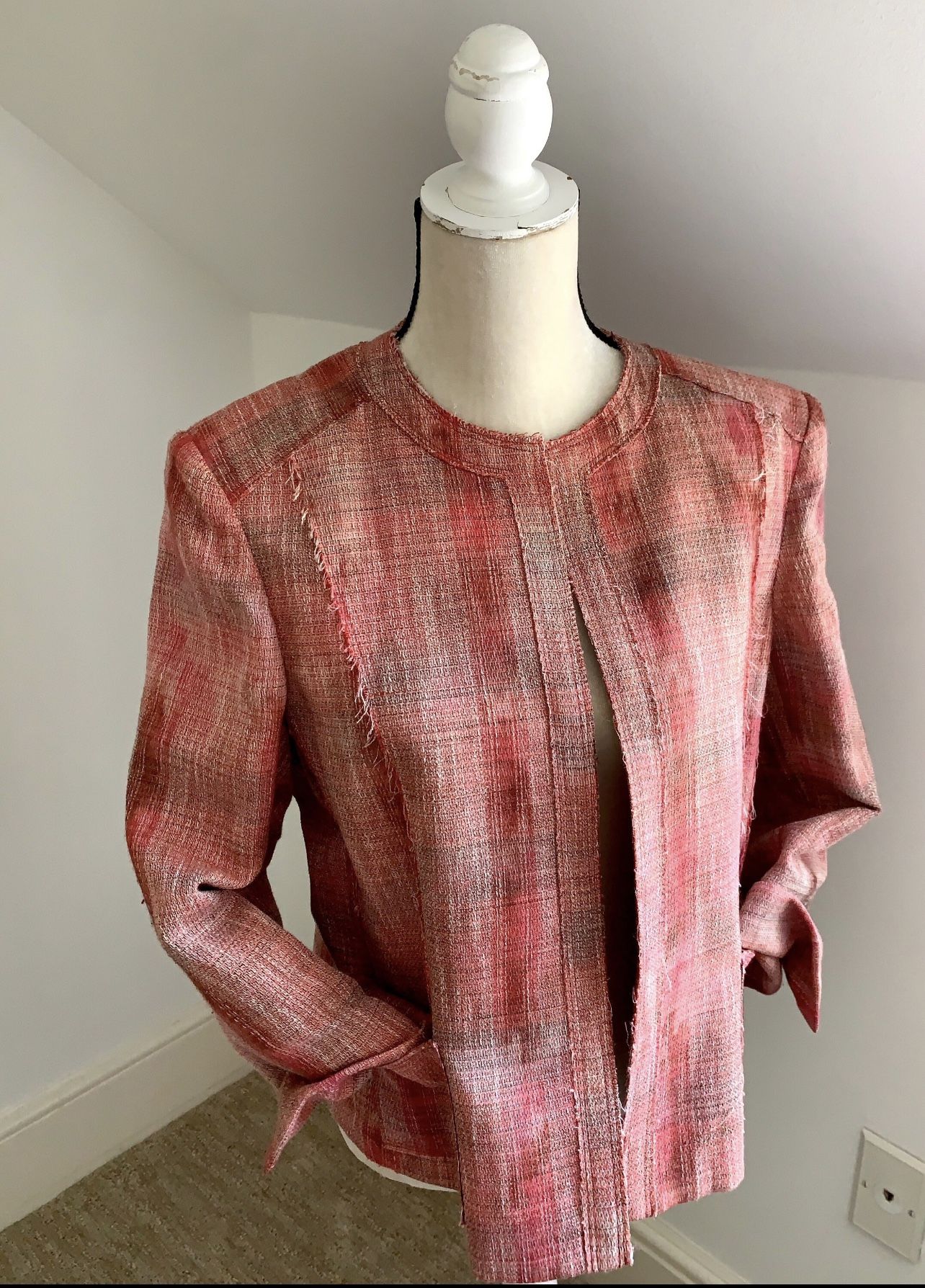 AK Anne Klein blazer jacket cropped linen blend open front pink/grey plaid 8