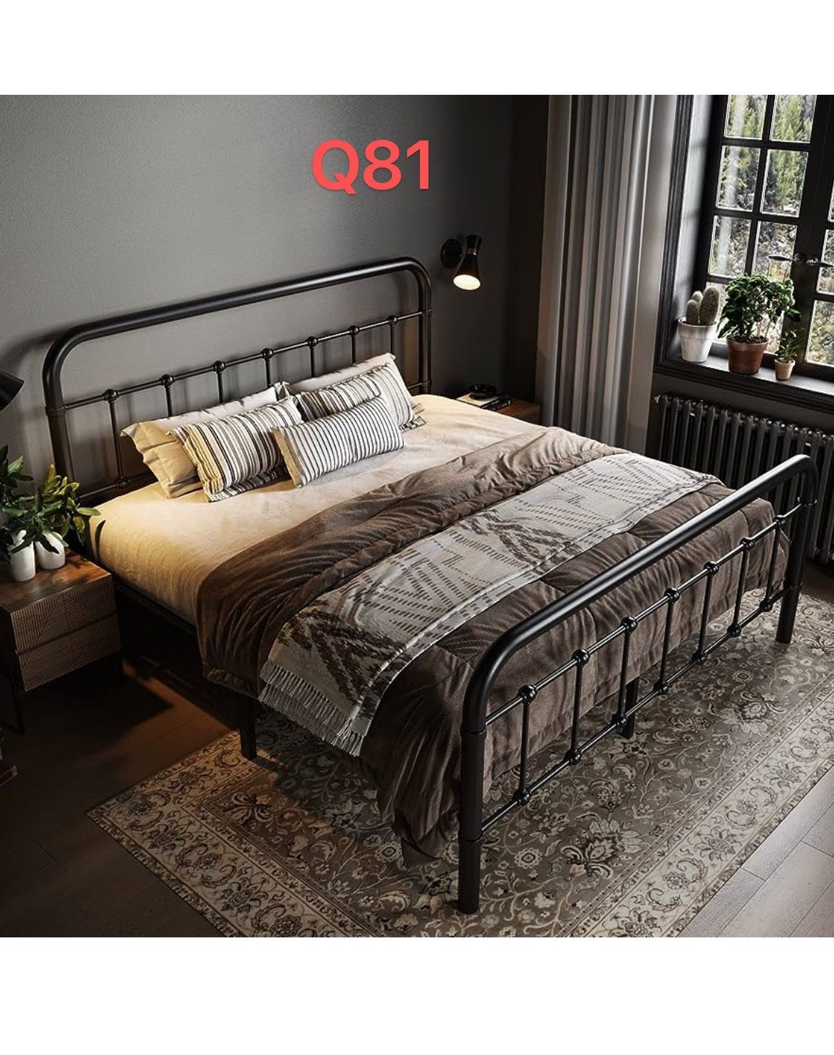 Q81 Allewie Queen Size Metal Platform Bed Frame with Victorian Style Wrought Iron-Art Headboard/Footboard, No Box Spring Required, Black