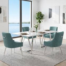 Velvet Dining Chairs with Pleated Tufted Upholstery, Silver Metal Legs,Green