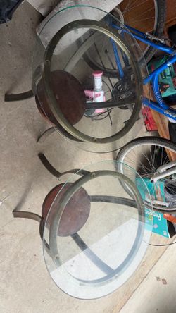 Pair of Round Glass Top End Table with Brass Legs