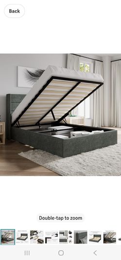 SHA CERLIN Queen Size Lift Up Storage Bed/Modern Wingback Headboard/Upholstered Platform Bed Frame/Hydraulic Storage/No Box Spring Needed/Wood Slats S