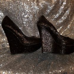 Black Sparkly Wedge Heels
