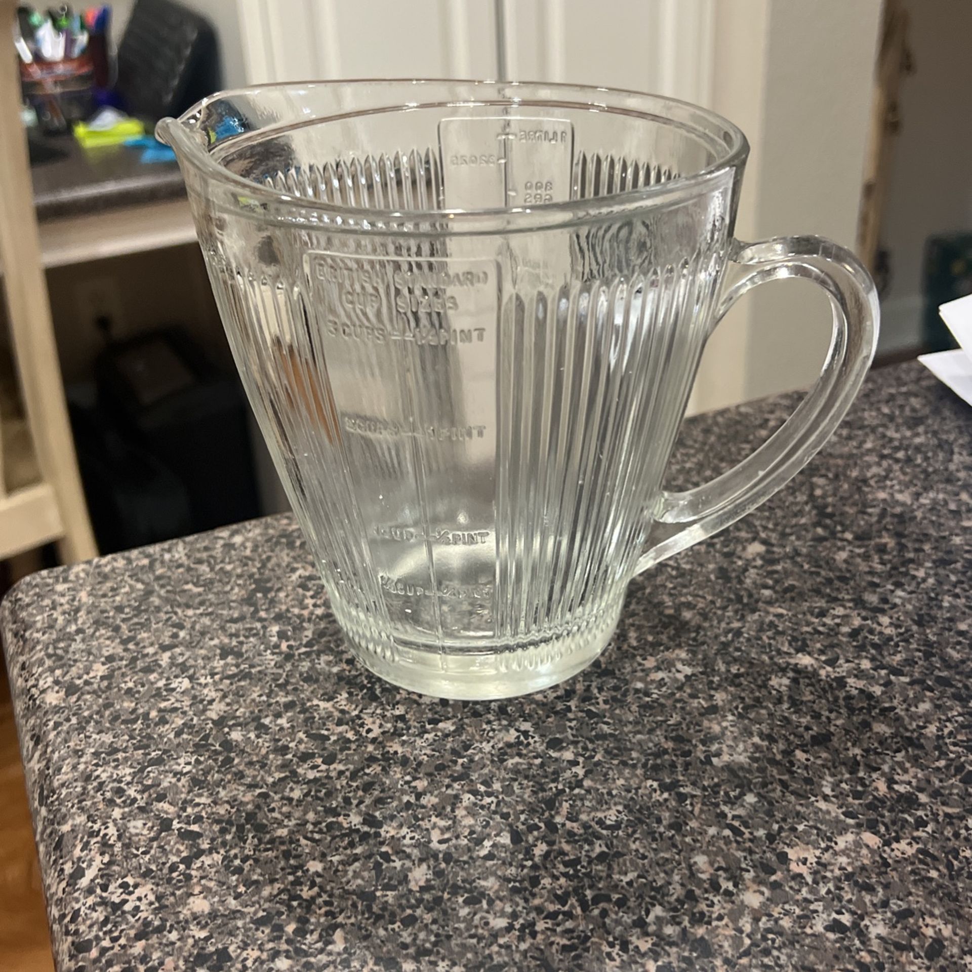 Rare Antique 8″ Tall Glass Measuring Cup with Spout – 50 – 100