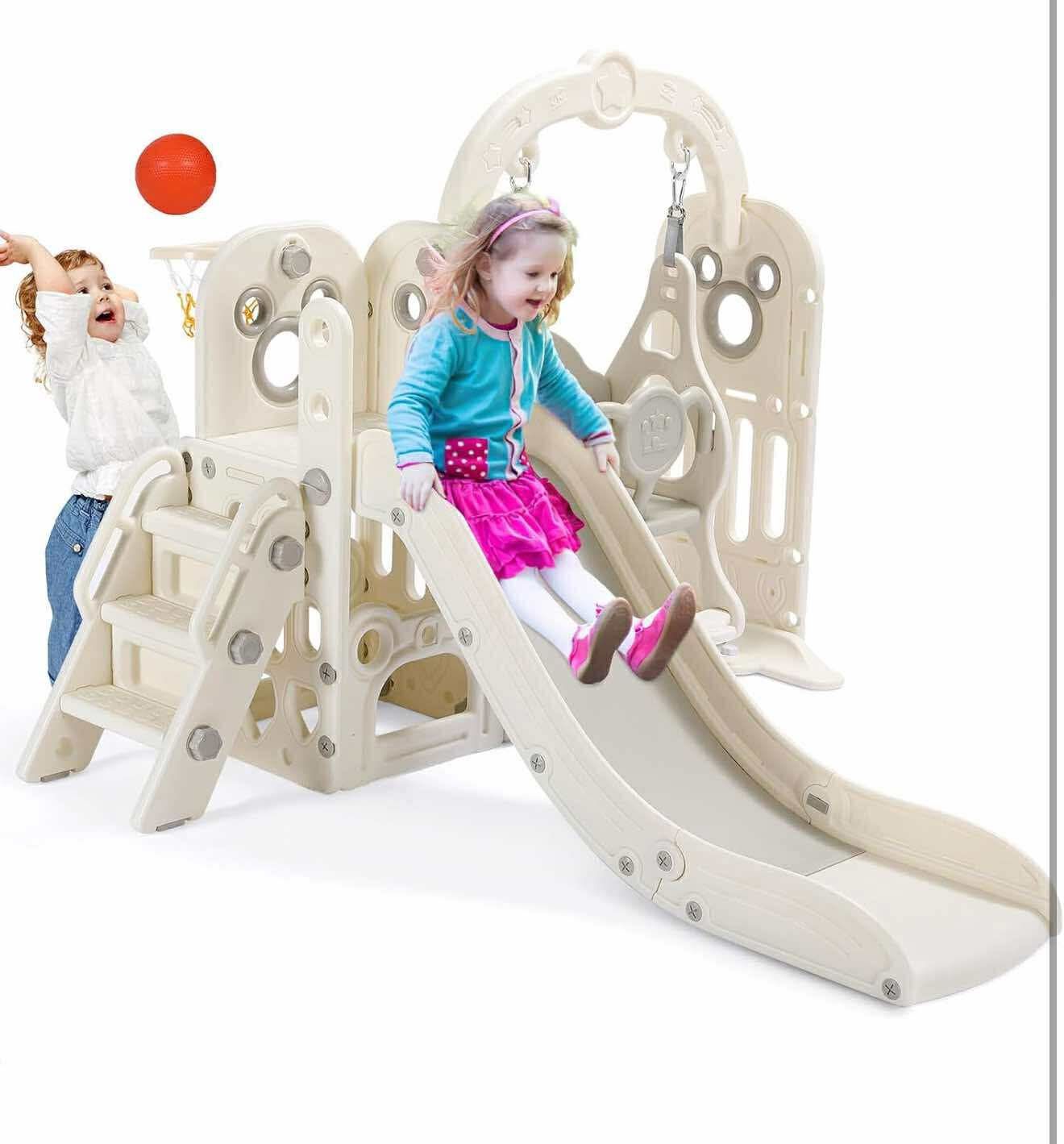 Swing Slide for Kids, 6 in 1 Slide Climber for Toddler, with Ball & Hoop,  (White) H-23