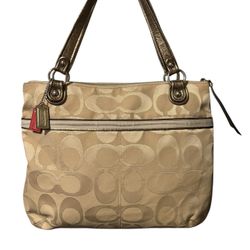 Coach Poppy Signature Logo Beige Metallic Slim Hobo Bag 18979 Pink Lining