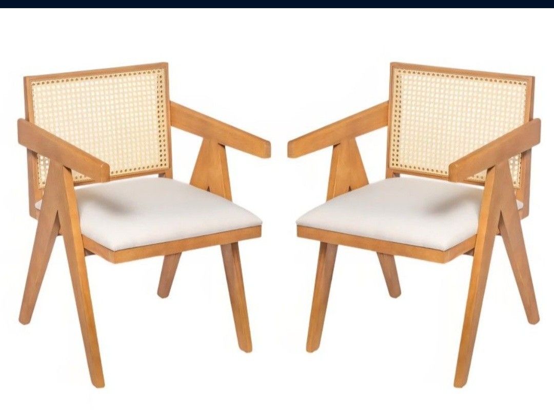 New Wooden Arm RATTAN Dining Chairs, Cane Upholstered Kitchen Chairs With Beige Linen Cushion,Set of 2