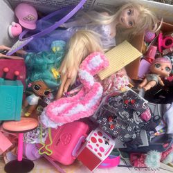 Box Of Barbies And Barbie Dream House Accessories 