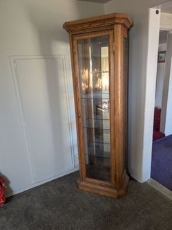 Oak Curio Cabinet with Glass Door and Shelves