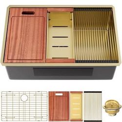 New 32x19 Inch Undermount Kitchen Sink - 16 Gauge Stainless Steel Workstation Single Bowl Sinks