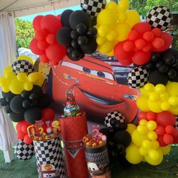 Cars Disney Birthday Decoration Party Balloons Background Backdrop Pedestal Cylinders Cake Table