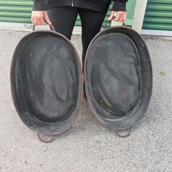 2 Large Distressed Black Metal Tray with Handles