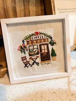Framed Coffee Shop Embroidery table top or Wall Art