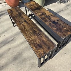 Pair Of Modern Farmhouse Metal And Wood Look Benches