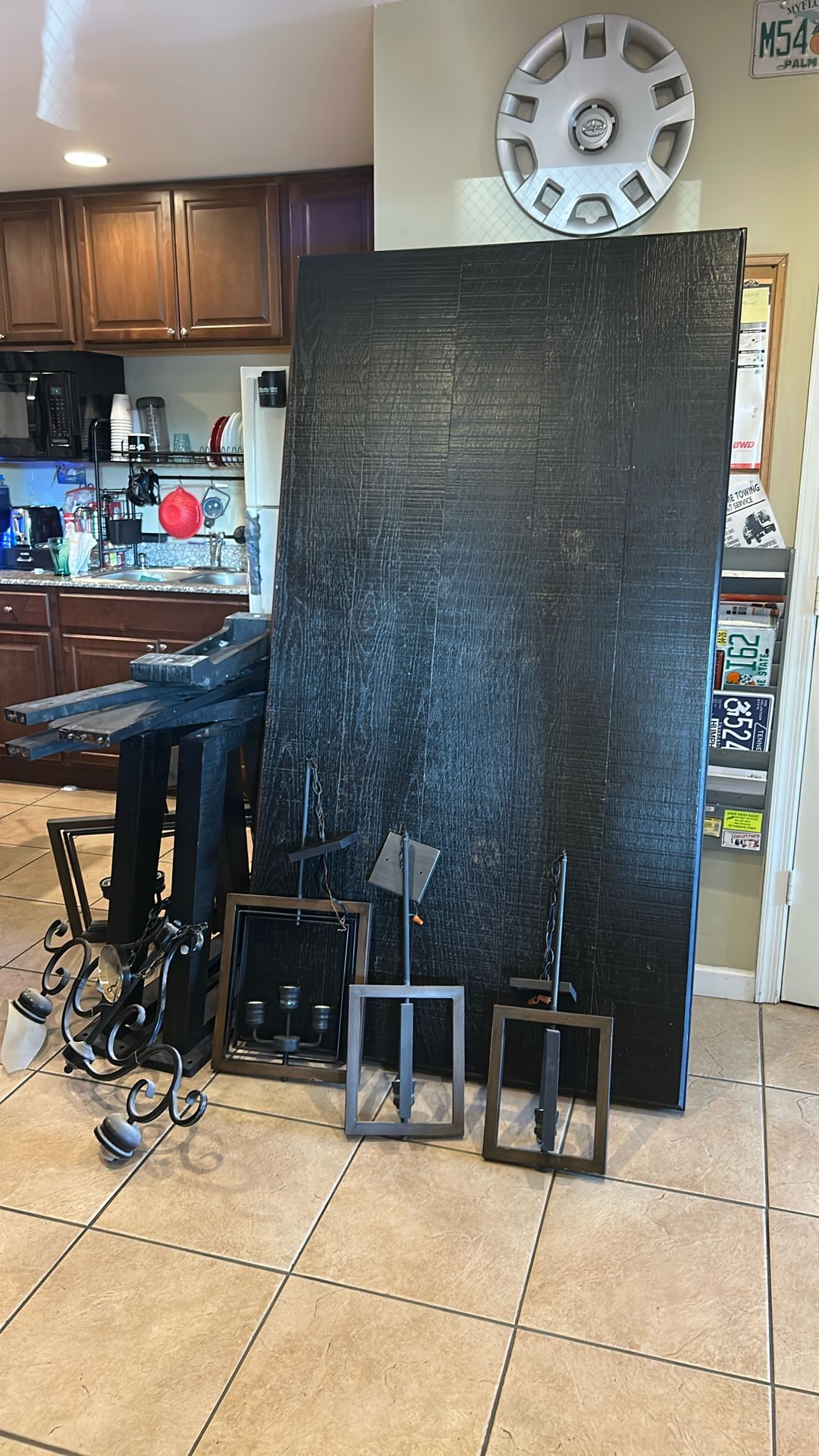 Table, Light Fixture, Bar Stools
