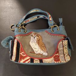Classic Western Owl Embroidered Concealed Carry Tote Bag, Blue/Brown, Like New