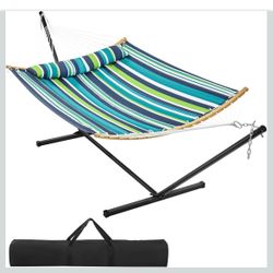 Padded Camping Hammock with Stand Portable Hammock with Carry Bag and Pillow 375 x 98.5 x 107.5 cm for Indoor and Outdoor Garden, Balcony, Hiking and