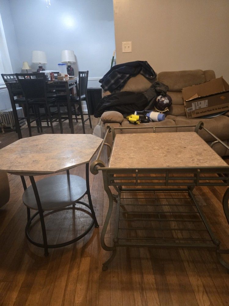 Pair Of Marble Topped Iron End Tabled