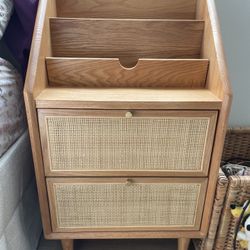 100% Solid Oaken Wood Bedside Table Rattan Nightstand (Natural)