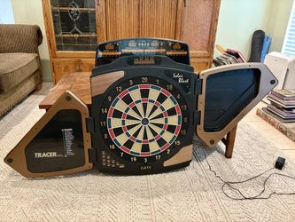 GLD Solar Blast Electronic Dartboard Cabinet w/ Tracer Doors – 25+ Games – Works Perfect