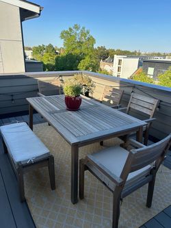 Wooden Outdoor Dining Set with Table, 4 Chairs, and Bench
