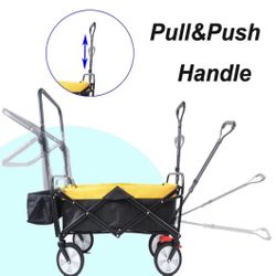 😀 Black Wagon All-Terrain Folding Collapsible Utility Wagon with Push Bar - Portable Rolling Heavy Duty 150 Lbs Capacity Canvas Fabric Cart Buggy 