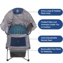 New! Oversized Outdoor Padded Folding Camping Chair 2 in 1 with Removable Footrest Round Moon Saucer Camp Chair with Cup Holder, Supports 350lbs