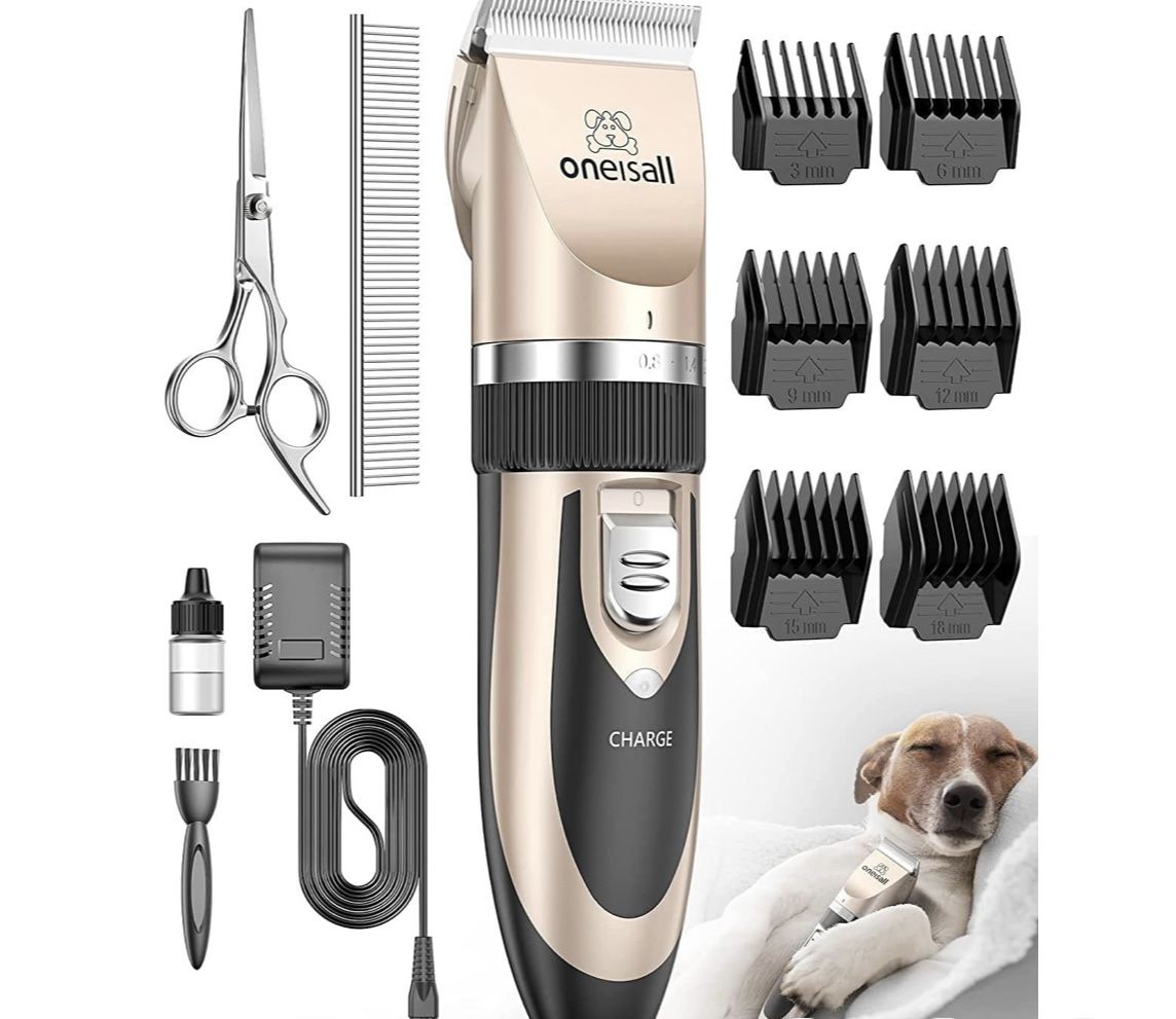 oneisall Dog Clipper Low Noise, Dog Grooming Kit with Rechargeable, Pet Shaver Cordless Electric Quiet Hair Clipper Set for Dogs Cats Pets Gold