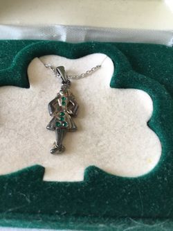 Delightful Vintage Celtic Irish Dancing Girl Necklace Green Stones