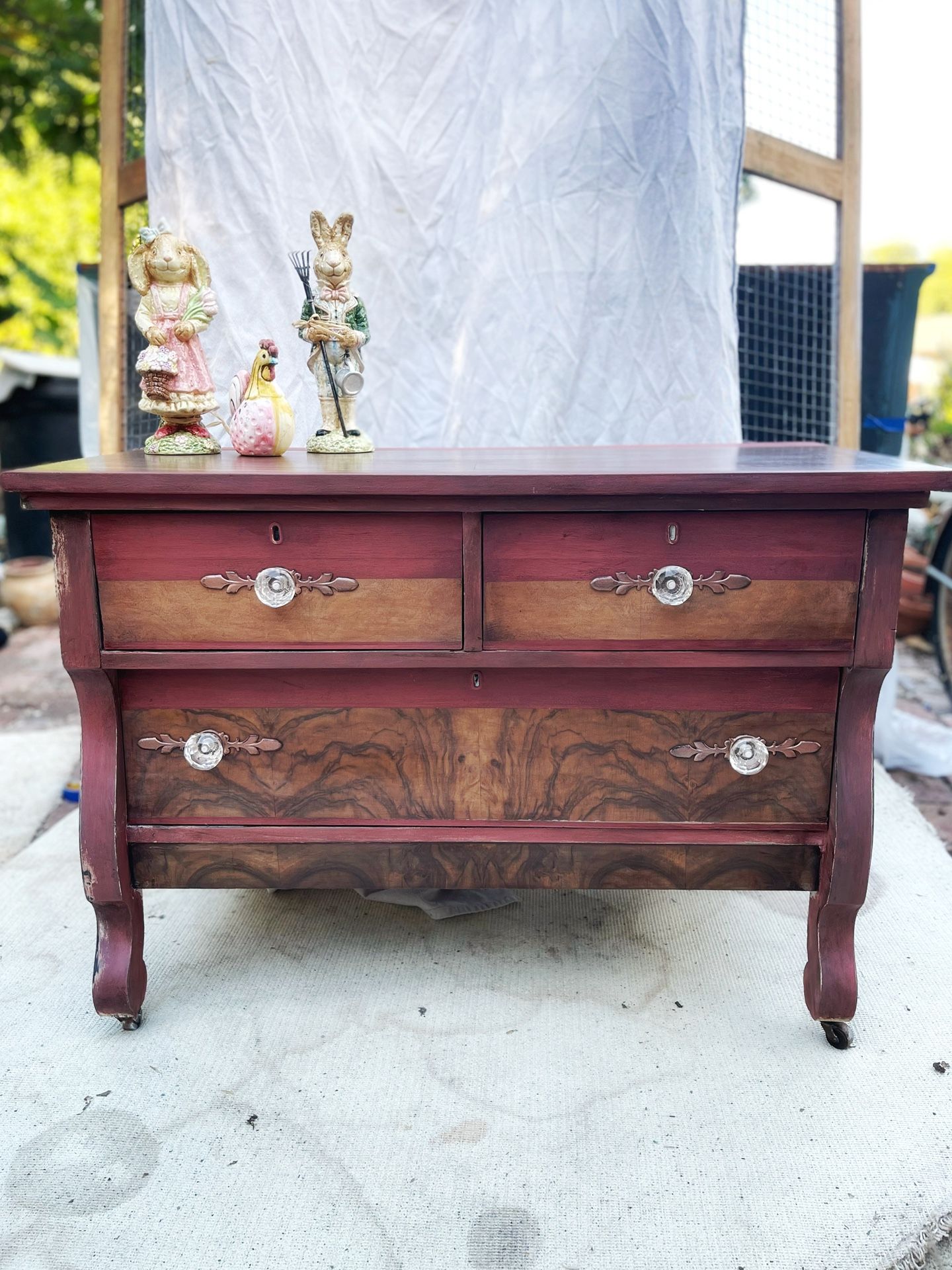 Refinished antique Bombe Dresser – Rustic Charm Meets Elegance!