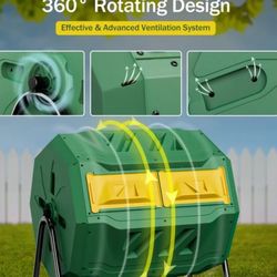 HomGarden 43Gal Tumbling Composter Bin 360° Dual Chamber BPA Free Green 36.4-in Height