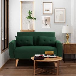 New Modern Small Loveseat Sofa Mid Century Fabric Upholstery 2 Seater Couch Furniture for Small Spaces Living Room Studio Apartment with 2 Pillows Gre