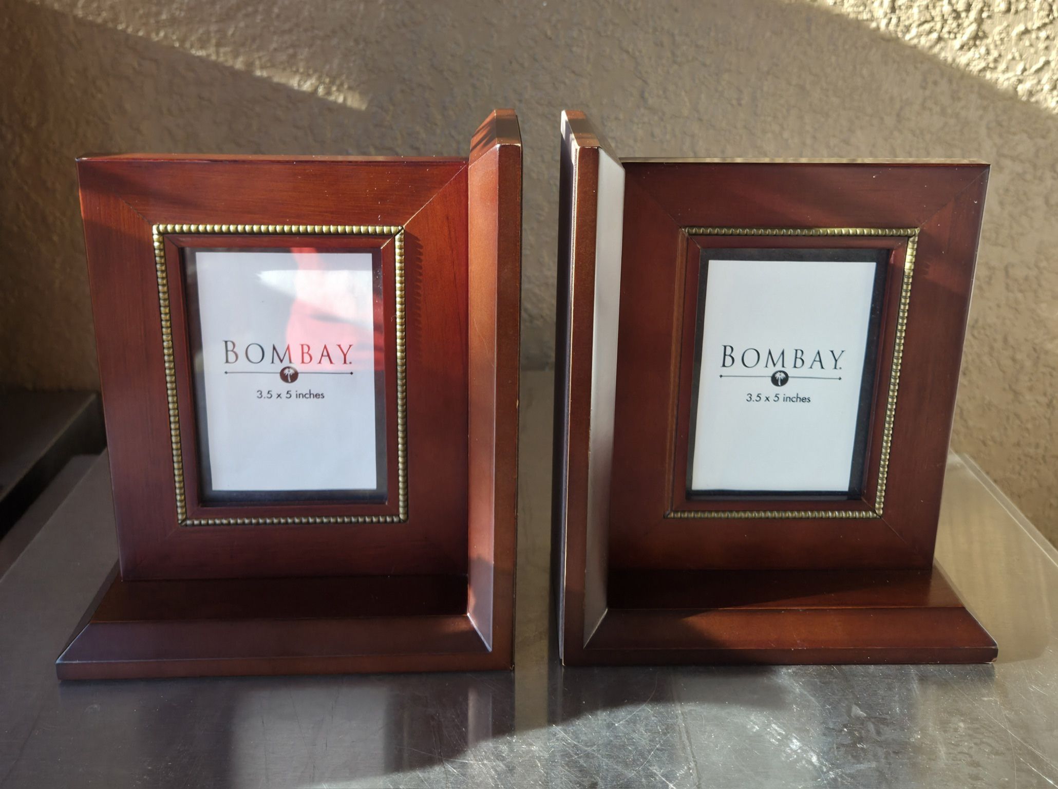 Vtg Bombay Co Picture Frame Bookends 8.75"x 7"(fits 3.5"x3" Photo)Mahogany Wood