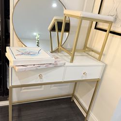 Elegant Gold Vanity Set - Table, Round Mirror, Chair & Wall Art Included *t