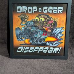 "Drop a Gear Disappear!" Framed Hot Rod Wall Art – Rat Fink Style