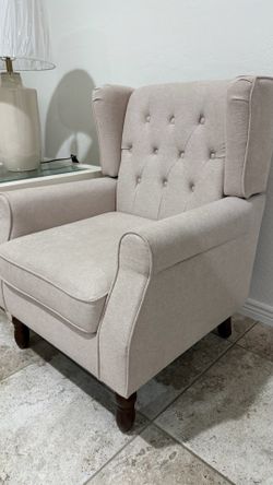 Modern Beige Linen Upholstered Button High Back Accent Arm Chair with Wood Legs (Set of 2)