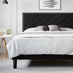 Full Size Bed Frame, Velvet Upholstered Platform Bed with Adjustable Diamond Button Tufted & Nailhead Trim Headboard, Black