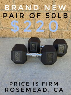 Pair of 50 lb rubber encased Hex dumbbells pounds