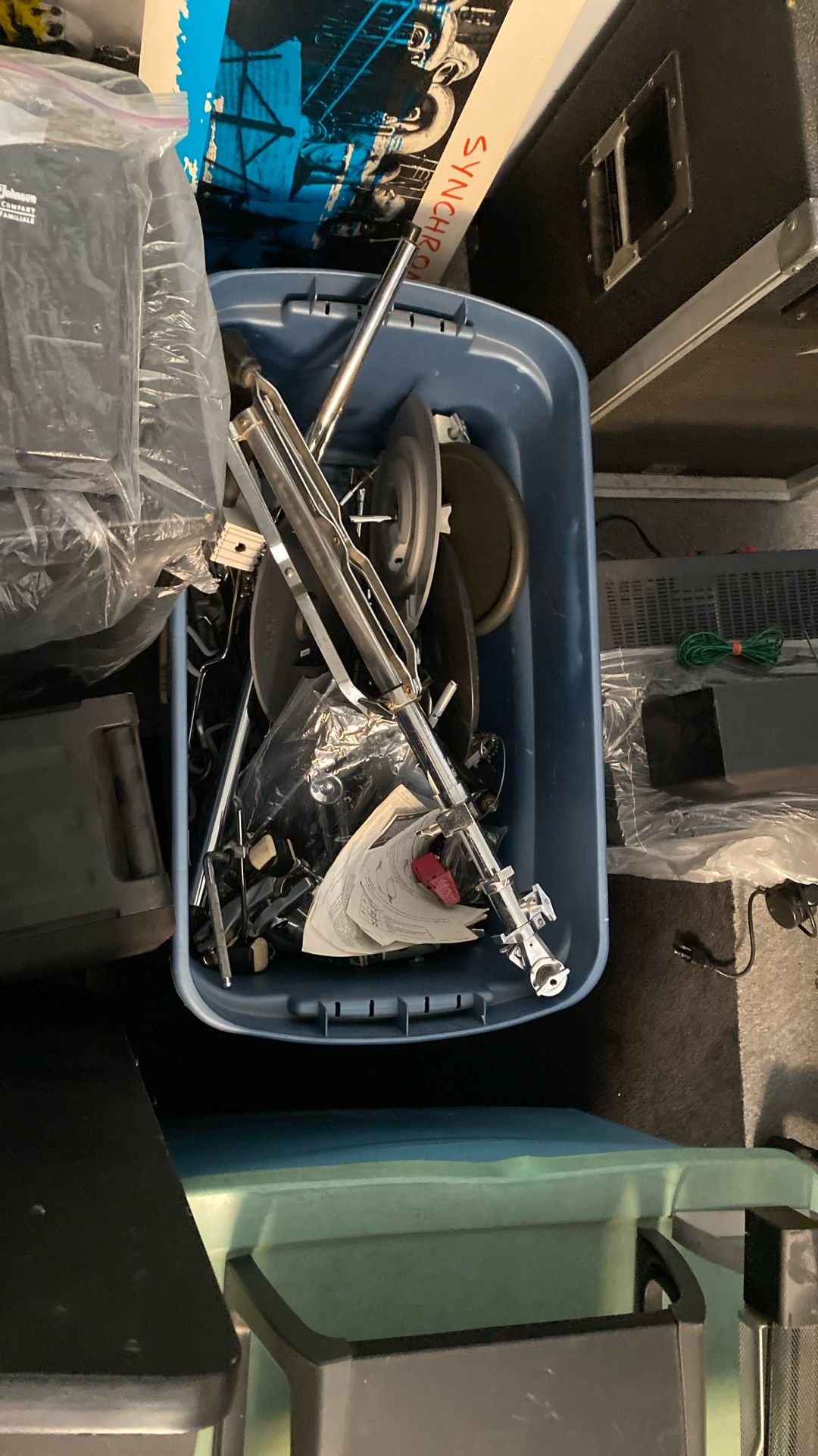 Crate Full Of Drum Parts, Pads, Etc.