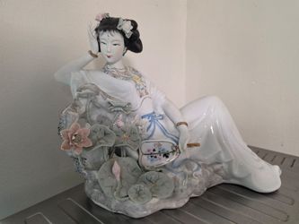 Vintage Japanese Geisha Holding Fan Hand Painted Amazing Details .
