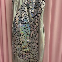 Gorgeous Iridescent Silver Fringe Sleeveless Drag Queen Costume Show Dress Size Small