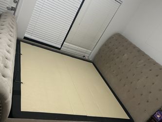 King Size Upholstered Fabric Bed Frame – Tufted Beige/Gray – Good Condition